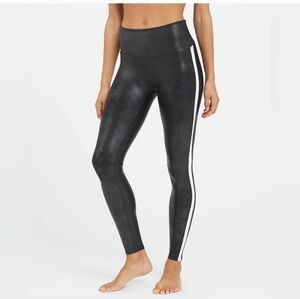 Spanx Black White Stripe Faux Leather Leggings SZ XL